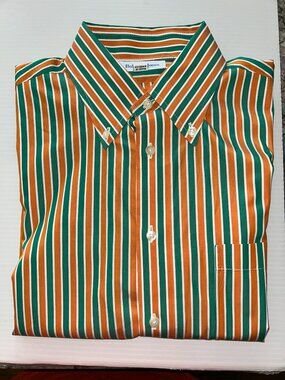 Bullock & Jones Men's L, Orange Green Striped Button Down Shirt